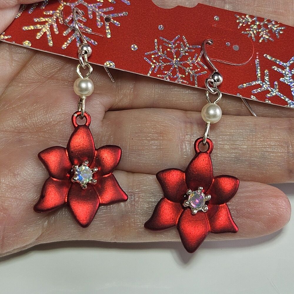 Silver Tone Red Dangling Poinsettia Earrings Faux Pearl Iridescent Rhinestone